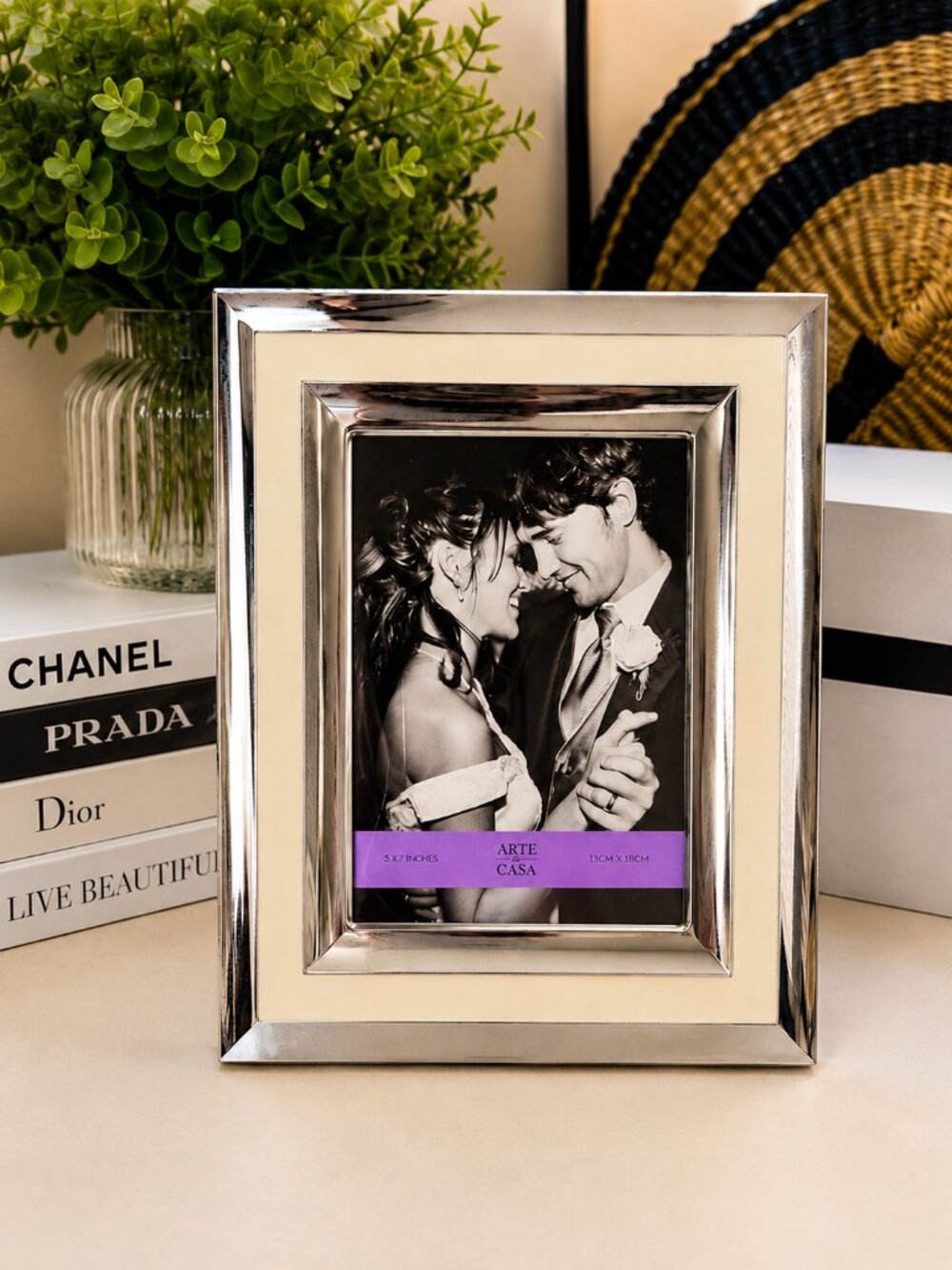 Arte De Casa 5x7 Silver Mirrored Ivory Tabletop Picture Frame Easel Modern Glam